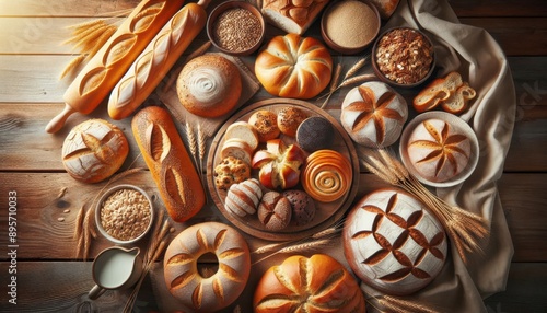 A selection of breads, rolls, and pastries are arranged on a wooden table with wheat stalks, grains, and a jug of milk..Concept: Freshly Baked Bread Assortment