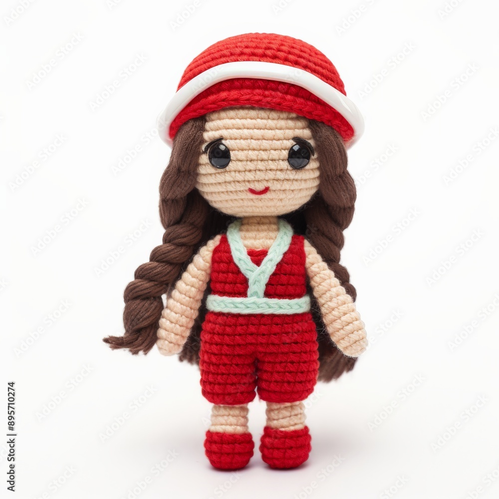 Yarn nurse doll in red outfit and hat on white background Yarn nurse doll in red outfit and hat on white background
