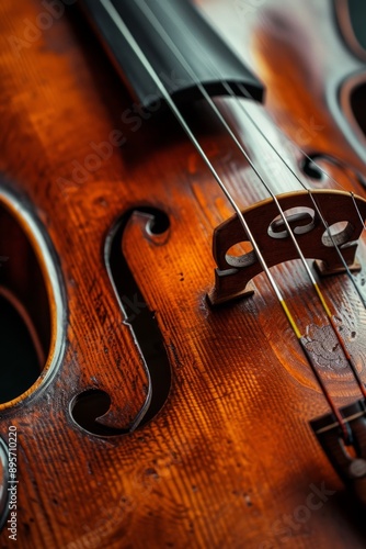 Closeup on the bridge of a wooden cello showing fine craftsmanship