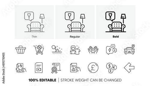 Money currency, Shopping cart and Left arrow line icons. Pack of Shop cart, Pound money, Parking icon. Skin moisture, Lounge, Certificate pictogram. Prescription drugs, Stress, Safe time. Vector