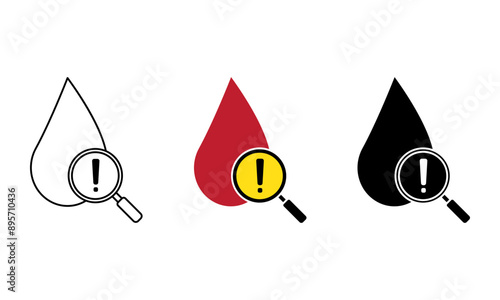 Droplet of blood with magnifying glass and exclamation mark, illustration of high cholesterol level warning and diagnosis icon vector