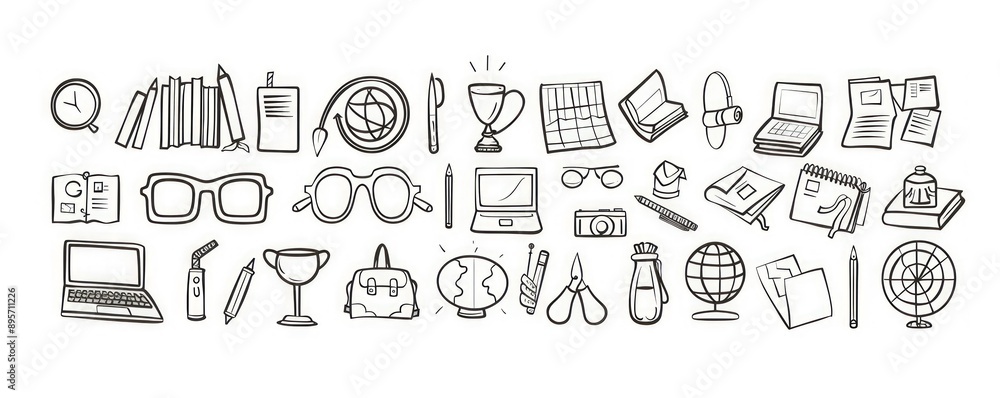 Detailed black and white vector of school icons in high-res line art style. Detailed black and white vector of school icons in high-res line art style.