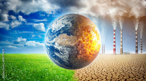 Fototapeta Naklejka Na Ścianę i Meble -  Earth of grass and clouds versus a ruined Earth on a background of a dead desert. Concept on ecology, global warming, science, education, etc. Elements of this image furnished by NASA.