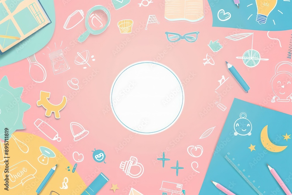 School icons doodle on pastel background with blank circle and space for text. School icons doodle on pastel background with blank circle and space for text.