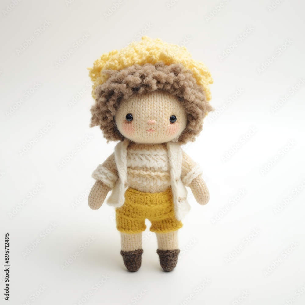 A handmade yarn doll with curly brown hair, a white shirt, and yellow shorts A handmade yarn doll with curly brown hair, a white shirt, and yellow shorts