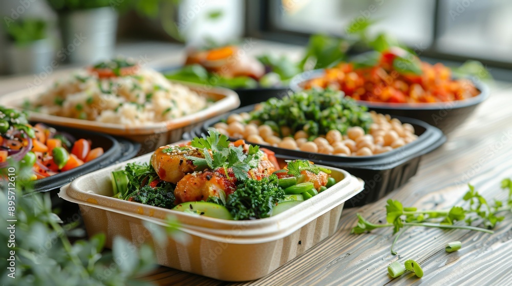 Colorful healthy food bowls on table - generative ai Colorful healthy food bowls on table - generative ai