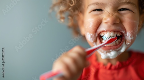 A young child with curly hair enthusiastically brushes their teeth, showing lively expression and energy as they engage in this routine activity in the bathroom. photo