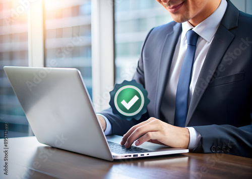 Editorial photo of a business professional approving a quality control certificate on a laptop, the laptop displaying a certificate interface: 