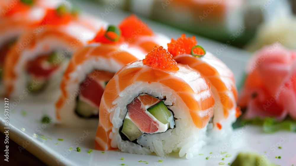 Close-Up of Fresh Salmon Sushi Roll. Detailed close-up of a fresh salmon sushi roll, featuring vibrant colors and delicate ingredients, beautifully presented on a plate. Close-Up of Fresh Salmon Sushi Roll. Detailed close-up of a fresh salmon sushi roll, featuring vibrant colors and delicate ingredients, beautifully presented on a plate.