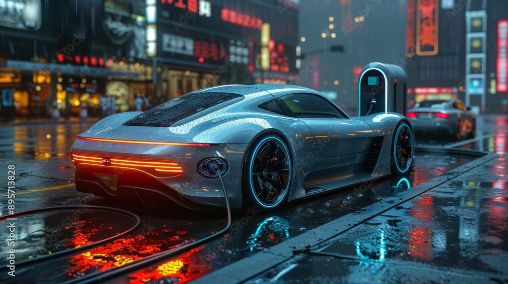 Futuristic electric car charging in neon city - generative ai Futuristic electric car charging in neon city - generative ai