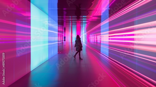 Silhouette of a woman walking in an urban tunnel filled with neon lights