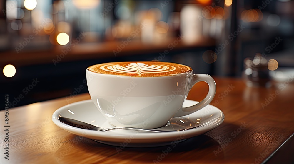 Coffee in white cup on wooden table in cafe Coffee in white cup on wooden table in cafe