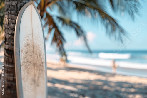 Surfboard On Beach Under Palm Tree