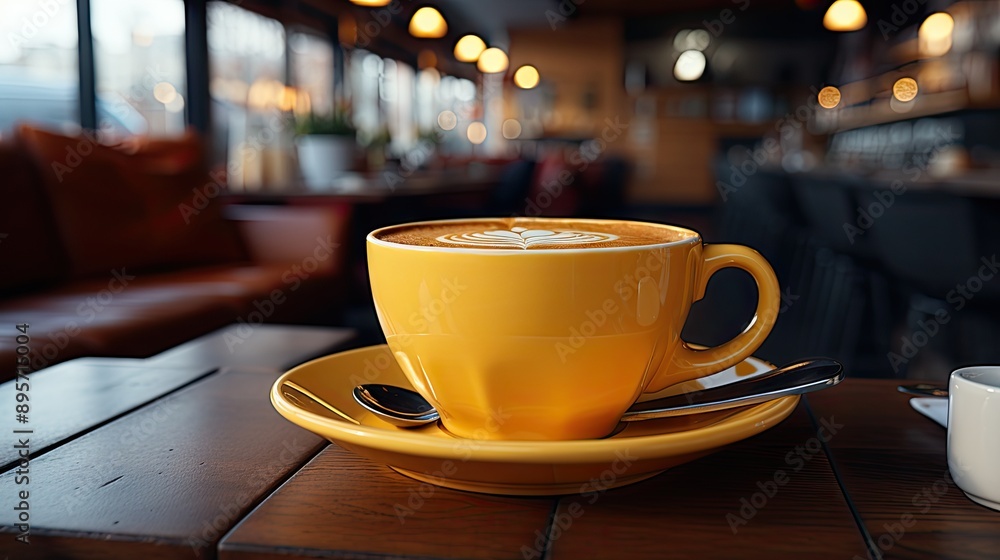 Coffee in yellow cup on wooden table in cafe Coffee in yellow cup on wooden table in cafe