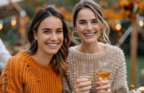 Two Women Toasting With Wine Outdoors