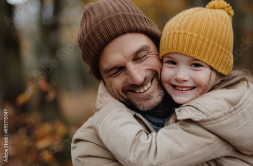 Father and Daughter Hug in Autumn Woods