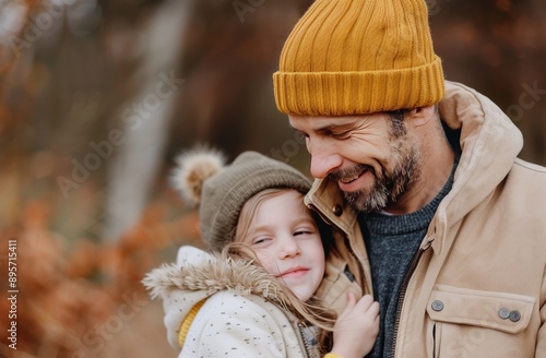 Father and Daughter Hug in Autumn Woods