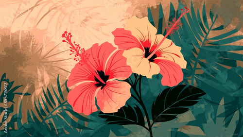 Wallpaper Mural Minimalist image of hibiscus flowers with a soft tropical background, perfect for summer themes and nature-inspired designs.  Torontodigital.ca