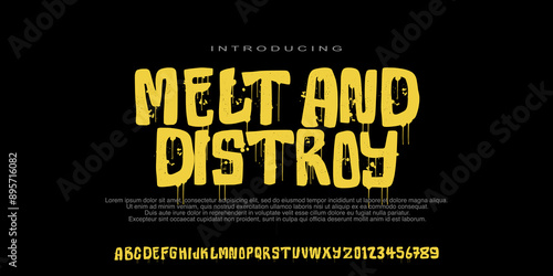 Grunge textured typeface font. distressed and rough handmade alphabet. Stamp style uppercase letters and numbers. melt textured font. Vectors illustration