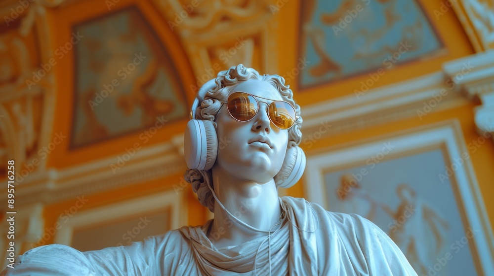 Classical marble statue wearing modern headphones and sunglasses, symbolizing the timeless appeal of music and the clash between ancient and modern cultures.