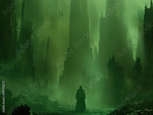 Eerie green cityscape with a lone figure in the foreground