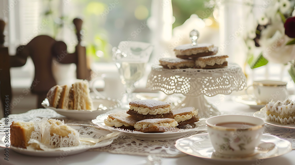 Victorian Lace Table Setting with Traditional Tea Cakes and Elegant Tea for Classic Gathering Victorian Lace Table Setting with Traditional Tea Cakes and Elegant Tea for Classic Gathering