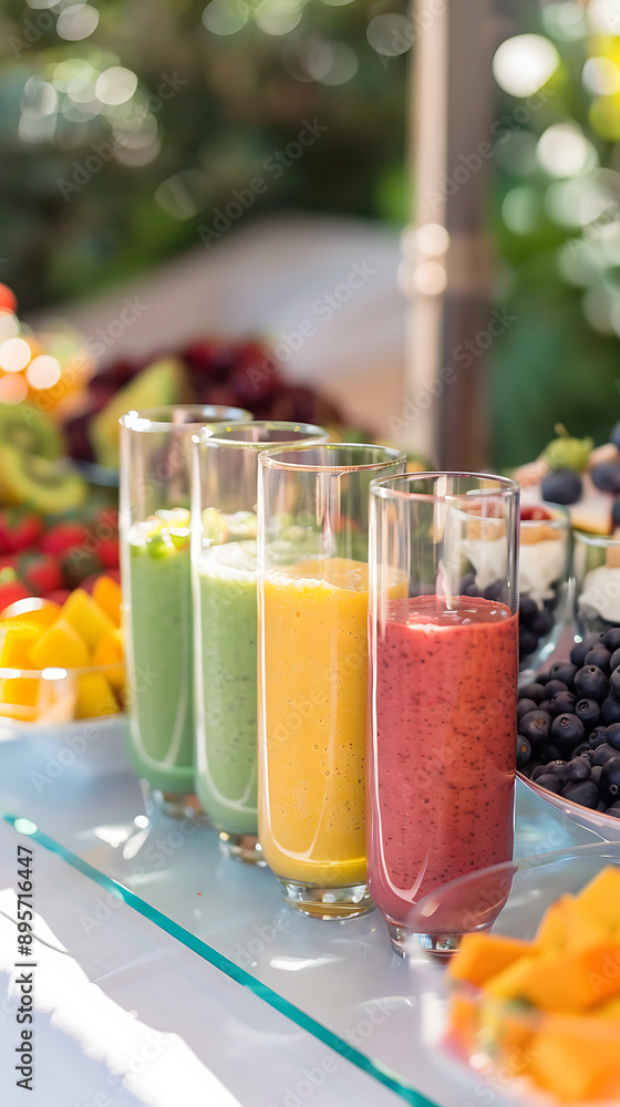 Modern Glass Stand with Colorful Smoothies and Health Snacks for Wellness Gathering Modern Glass Stand with Colorful Smoothies and Health Snacks for Wellness Gathering