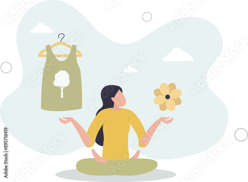 buying recycling eco friendly clothes and textile consciously. Conscious consumption, slow fashion and responsible shopping concept.flat design.illustration with people.