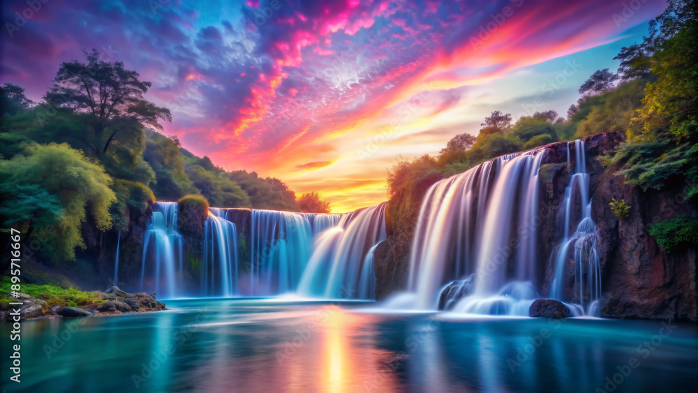 Obraz premium Majestic Waterfall at Sunset - A Vibrant Landscape of Nature’s Beauty
