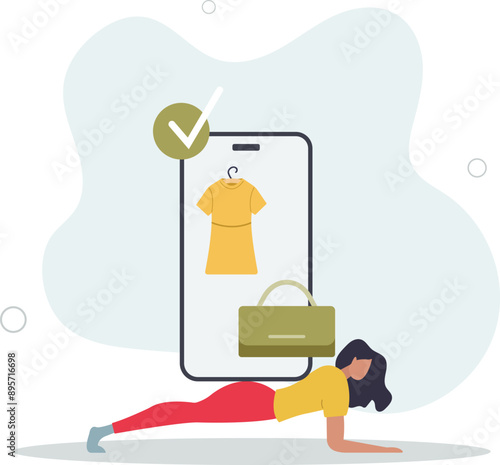 buying recycling eco friendly clothes and textile consciously. woman chooses dress and bag online.flat design.illustration with people.