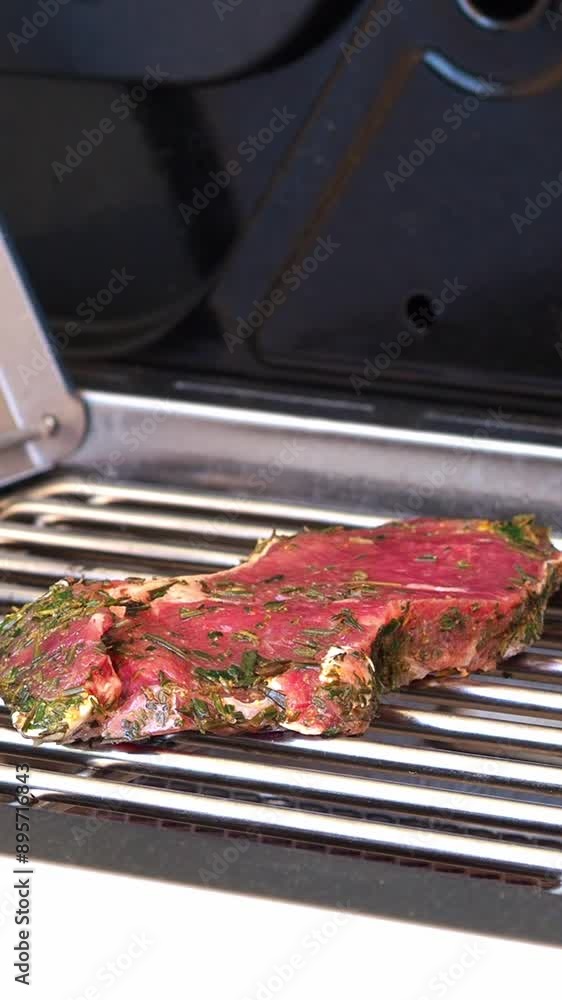Grilled red meat. Meat tenderloin is a barbecue steak. Picnic in nature. Summer background. We cook outdoors. American barbecue. Summer menu. Roast meat. Turn the meat over on the grill with tongs. Grilled red meat. Meat tenderloin is a barbecue steak. Picnic in nature. Summer background. We cook outdoors. American barbecue. Summer menu. Roast meat. Turn the meat over on the grill with tongs.