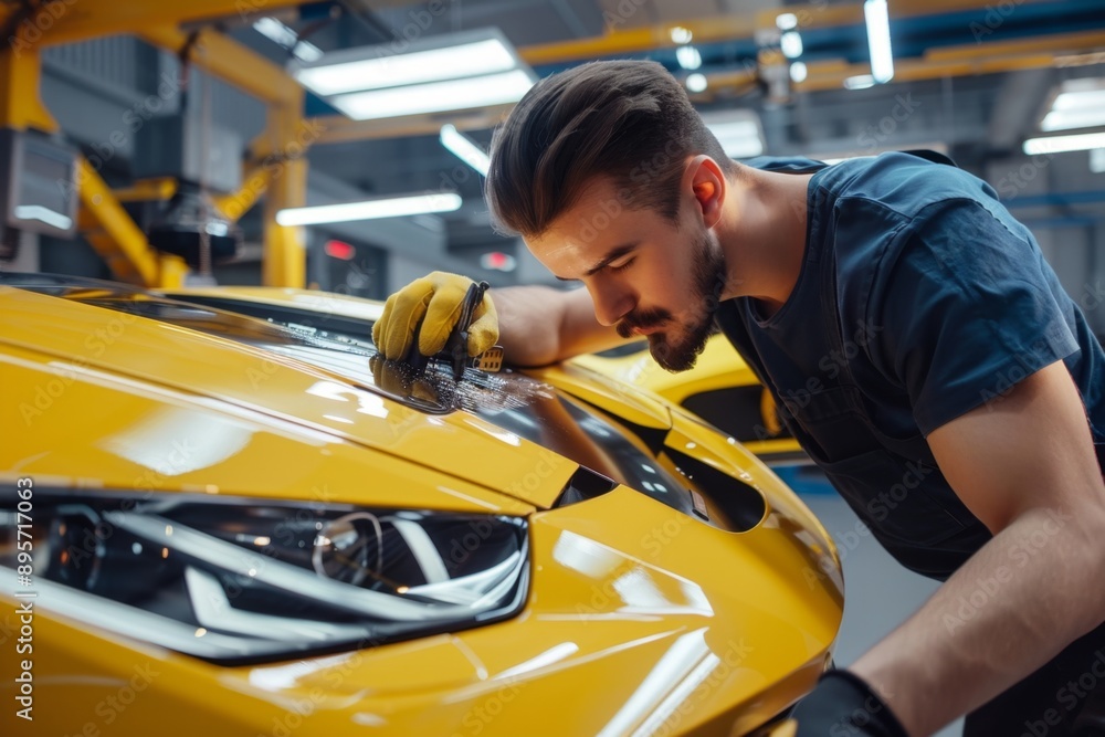 Mechanic detailing a luxury yellow sports car in modern workshop. Close-up shows precise work. Conceptual image representing dedication and craftsmanship. Suitable for automotive and repair themes Mechanic detailing a luxury yellow sports car in modern workshop. Close-up shows precise work. Conceptual image representing dedication and craftsmanship. Suitable for automotive and repair themes