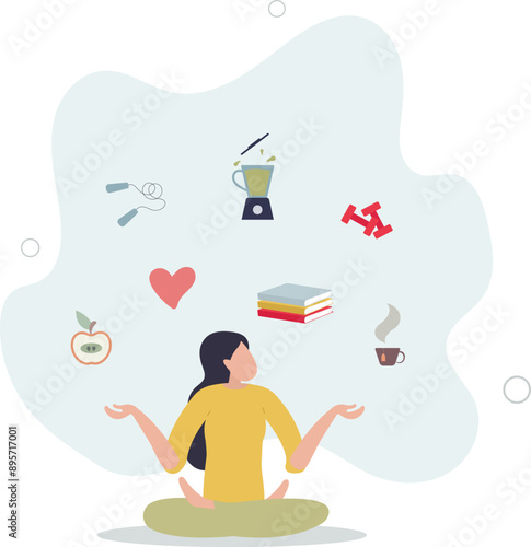 Self care personal health habits combination for wellness.Daily lifestyle for happiness and physical or emotional peace.flat design.illustration with people.