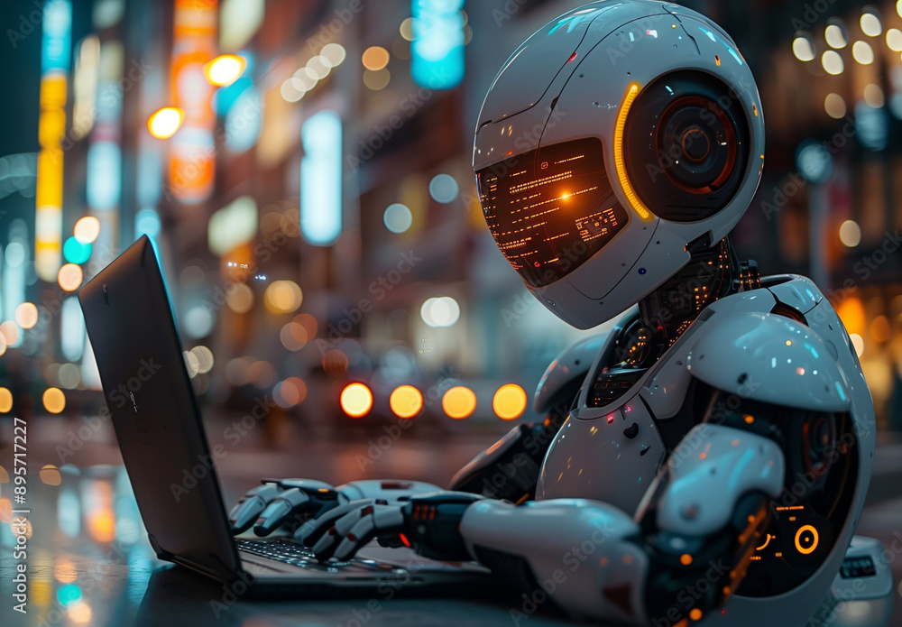 A futuristic scene featuring a humanoid robot engrossed in work on a laptop computer. The robot, designed with advanced technology and glowing lights, sits in an urban setting A futuristic scene featuring a humanoid robot engrossed in work on a laptop computer. The robot, designed with advanced technology and glowing lights, sits in an urban setting