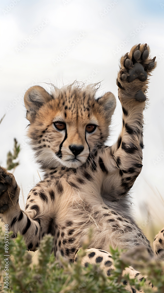 Obraz premium Cheerful Cheetah Cub with Playful Behavior and Paws in the Air Resting on Savanna 