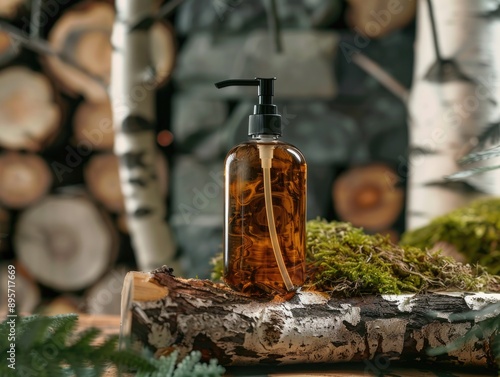 A bottle of liquid sits atop a weathered log in a natural setting