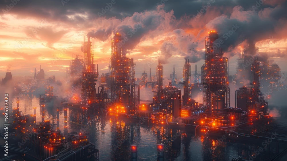 Fototapeta premium Industrial cityscape at sunset with smoke and lights - generative ai