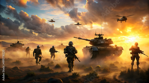 War concept. Military silhouettes fighting against the backdrop of war fog, silhouettes of world war soldiers under a cloudy horizon at sunset.