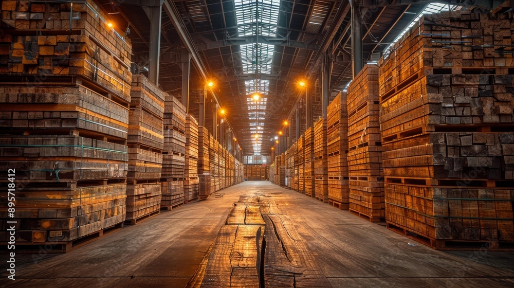 Warehouse with stacked wooden planks - generative ai Warehouse with stacked wooden planks - generative ai