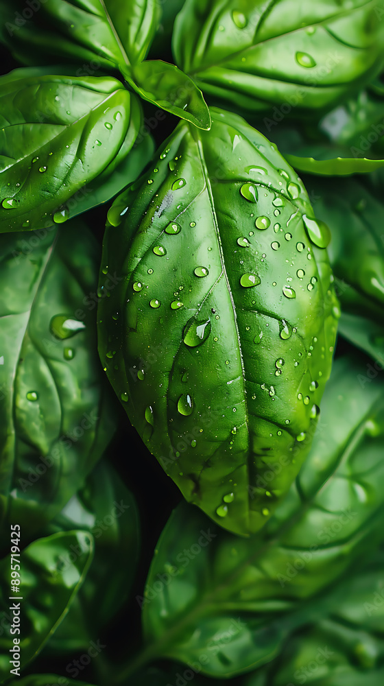Close-Up of Fresh Basil Leaves with Water Droplets High Detail and Natural Light Close-Up of Fresh Basil Leaves with Water Droplets High Detail and Natural Light