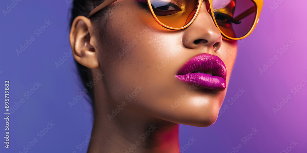 Portrait of Hispanic Woman with Bold Lipstick and Stylish Sunglasses Studio Lighting Portrait of Hispanic Woman with Bold Lipstick and Stylish Sunglasses Studio Lighting