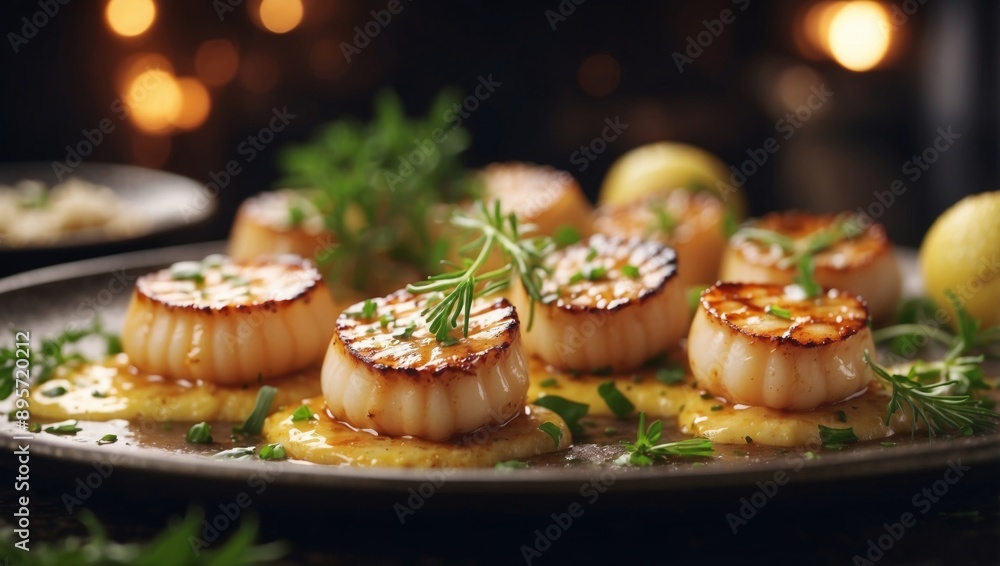 Gourmet chef cooking grilled scallops in butter lemon or cajun sauce with herbs and garnish. Gourmet chef cooking grilled scallops in butter lemon or cajun sauce with herbs and garnish.
