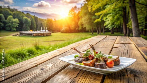 Un plato de cordero asado de la cocina francesa, servido sobre una mesa de madera en un jardín al atardecer. El cordero está decorado con hierbas frescas y tomates. Hay un espacio libre para texto