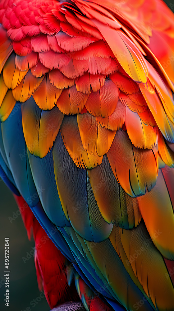 Fototapeta premium Close-Up of Exotic Parrot’s Vibrant Feathers Highlighted Against Bold Abstract Shapes 
