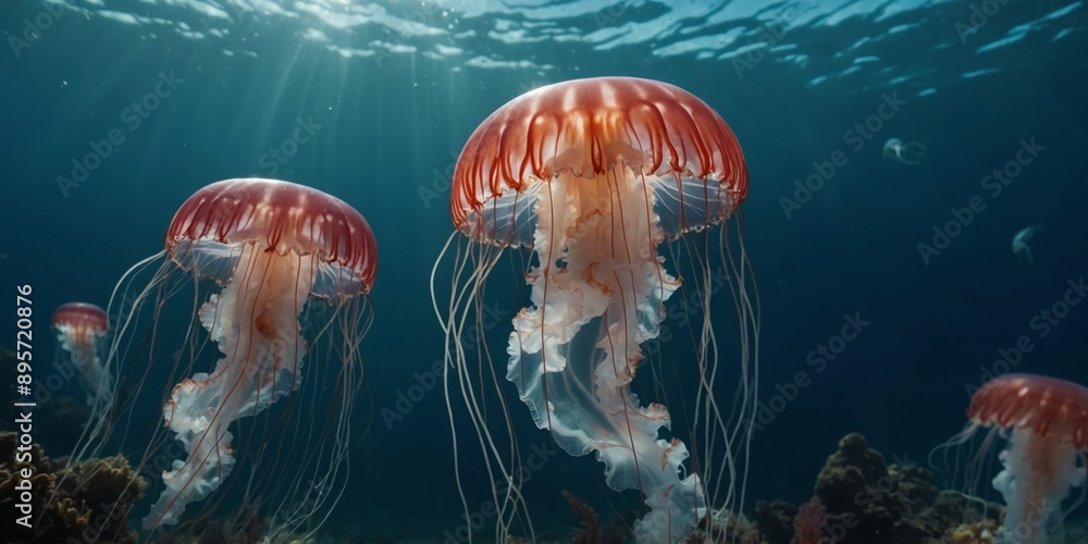 jellyfish in the water jellyfish in the water underwater view of a red and white jellyfish. jellyfish in the water jellyfish in the water underwater view of a red and white jellyfish.