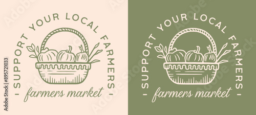 Support your local farmers market organic vegetables basket vegetarian shirt design quotes. Vintage retro green cottagecore aesthetic fresh food drawing illustration for print poster vector cut file.