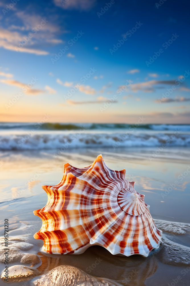 Conch shell on sandy shore against a backdrop of a serene sea and a sunset sky Conch shell on sandy shore against a backdrop of a serene sea and a sunset sky