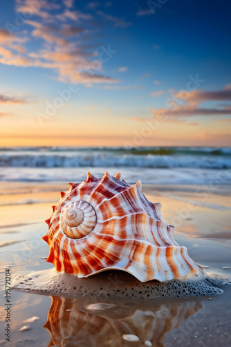 A close-up of a beautifully patterned spiral seashell rests on a sandy beach, bathed in warm sunset hues