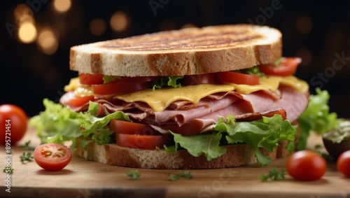 Delicious grilled sandwich with smoked ham, cheese, tomato, and lettuce on wooden board. photo