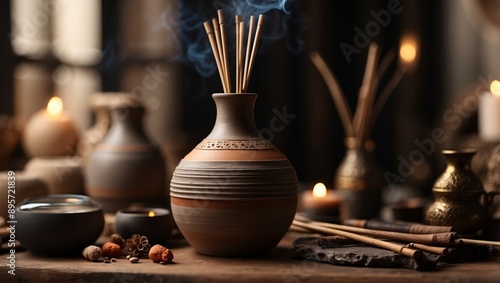 Luxury home decor earth tone artisan ceramics, diffuser rods, incense packaging. photo